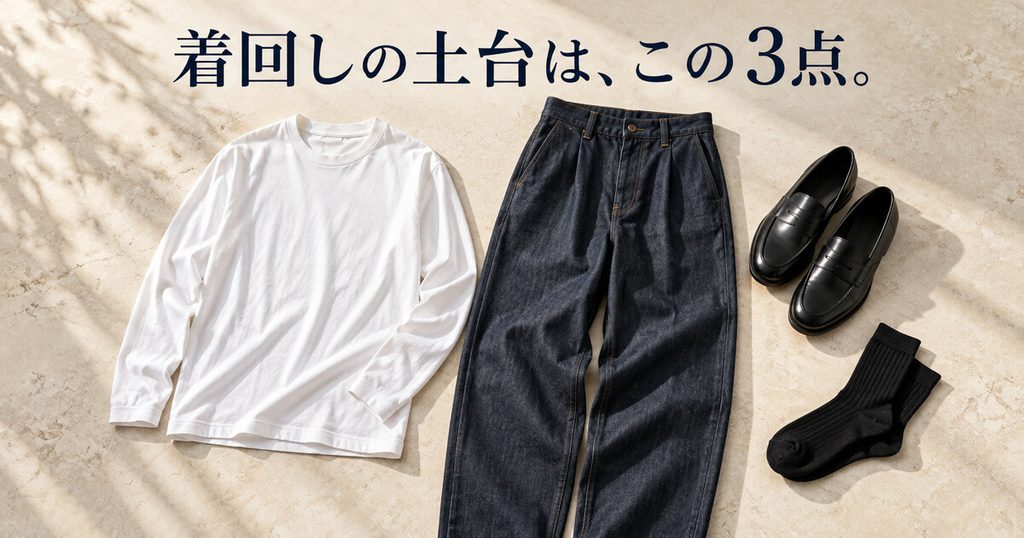 3コーデ共通のデニム・白Tシャツ・靴