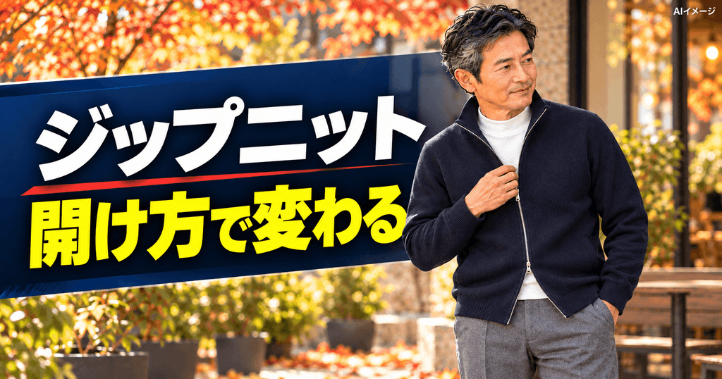 ジップニットは、開け方で着こなしに変化をつける